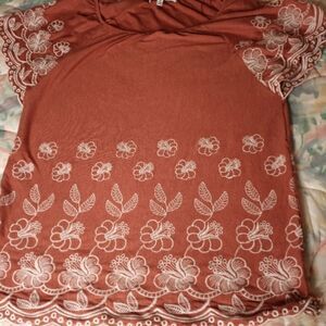 Fever M Brown Shortsleeves Embroidery Rayon Blend Women's Top